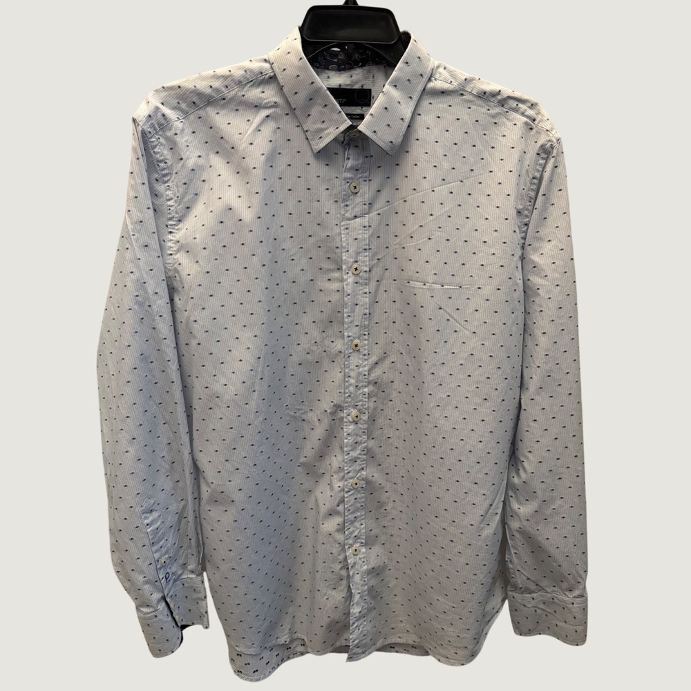 Quieti Mens Blue White Striped Geometric Dot 100% Cotton Button Down Shirt L